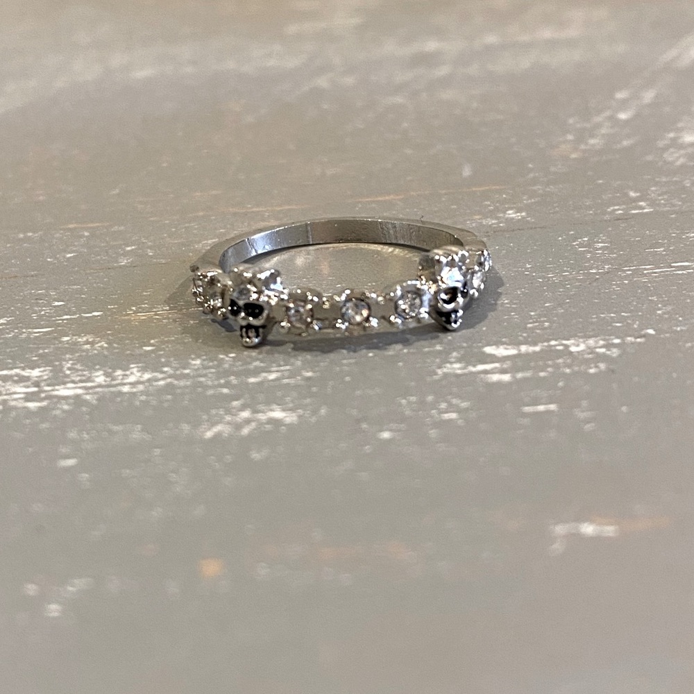 Silver Plated Skull Rhinestone Ring Size 7 Punk Rock